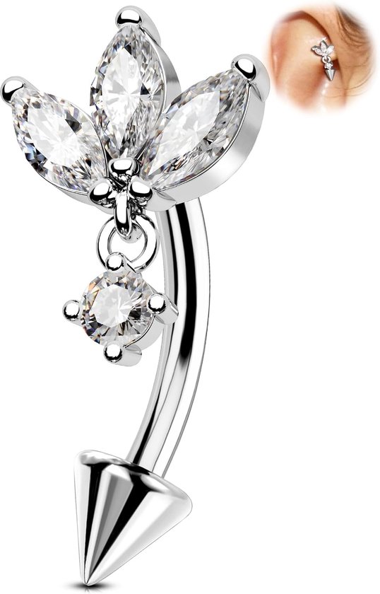 16G bloem gebogen barbell goud 6/8mm rook piercing chirurgisch staal 316L pijl kraakbeen helix piercing CZ transparant voor dames heren wenkbrauwring