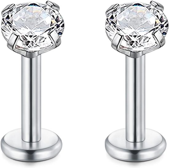 16G chirurgisch staal lip piercing stud zilver 6 8 10 12 14 16 19 mm kraakbeen tragus helix oorbellen piercing labret met zirkoon piercing sieraden voor vrouwen mannen