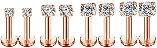 16g CZ Labret Kraakbeen Tragus Monroe Lip Neus Helix Diamant Studs Oorbellen voor Vrouwen Mannen Meisjes Jongens Rvs Cubic Zirconia Piercing Sieraden 1.2*8 2mm 3mm 4mm 5mm 4 Paar Set, Metaal, Kubieke zirkonia