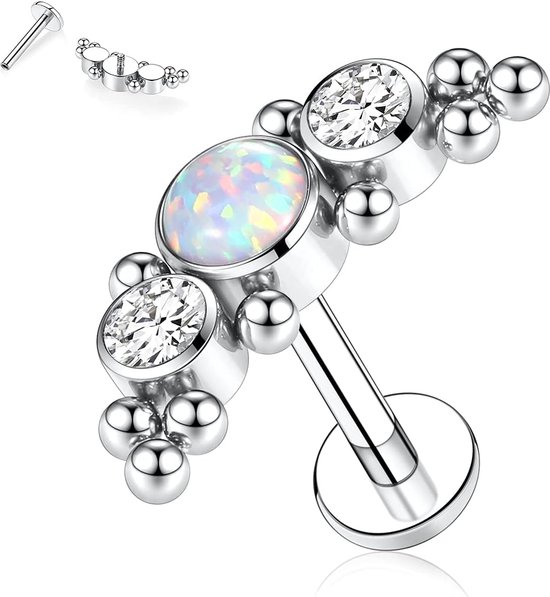 16G G23-titanium, platte rug, intern geschroefde labret, stud voor onderlip of tragus, zilveren piercing monroe medusa voor kraakbeen oorlel, oorbel, conch-sieraad, 6, 8, 10 mm, Metaal
