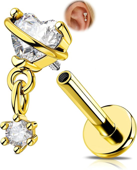 16G Gold Dangle Helix Oorbel Intern Schroefdraad Tragus Oorbel Roestvrij Staal 316L Hart/Driehoek Helix Stud Platte Rug Clear CZ Kraakbeen Lob Piercing 6 mm voor Vrouwen
