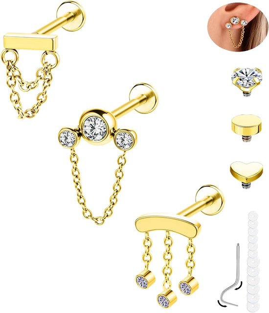 16G gouden bengelende lipring - 6 mm 8 mm labret studs voor kraakbeen, helix, tragus, lob - hypoallergeen roestvrij staal, 3 stuks met insertie taper & siliconen schijven