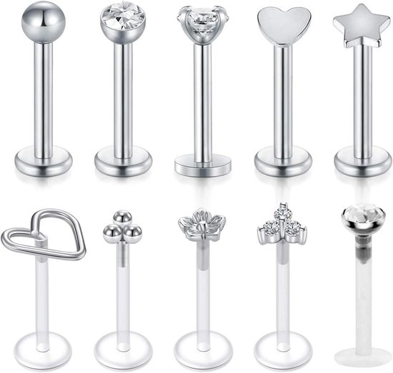 16G helix piercing 10 stuks tragus piercing neus piercing chirurgisch staal 6/8/10 mm lip piercing labret oorstekers zirkonia oor piercing