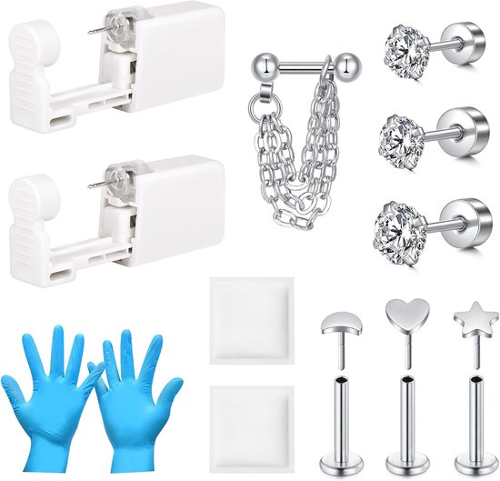 16G oorpiercingset, roestvrij staal, tragus schelp, helix