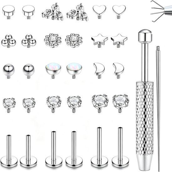 16G Piercing Set Tragus Helix Piercings RVS Conch Piercing Neuspiercing Tragus Piercing Lip Piercing Labret Piercing Studs voor Vrouwen Mannen Zilver 6/8/10MM