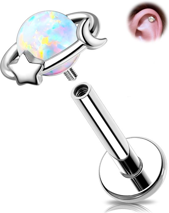 16G Planet Helix Stud, interne draad, tragus piercing, sieraden, helix oorbel 316L chirurgisch staal met opaal, Moon Star Labret Lip Bar 8 mm voor vrouwen