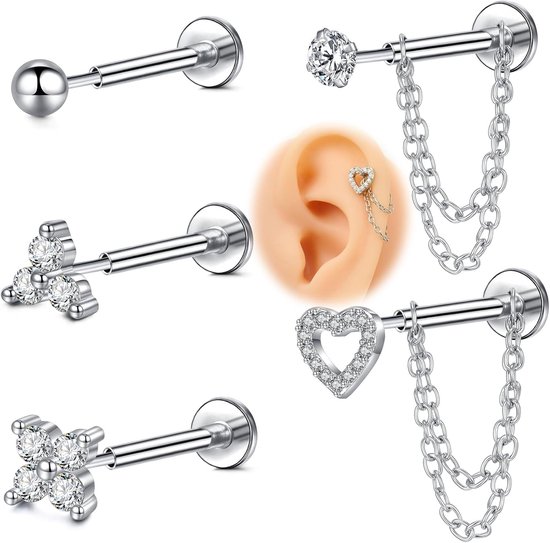 16G Platte Achterkant Stud Oorbellen Push in Kraakbeen Studs Ketting Oorbel Voor Vrouwen Rvs Hypoallergene Threadless Tragus Oorbellen Piercing Sieraden