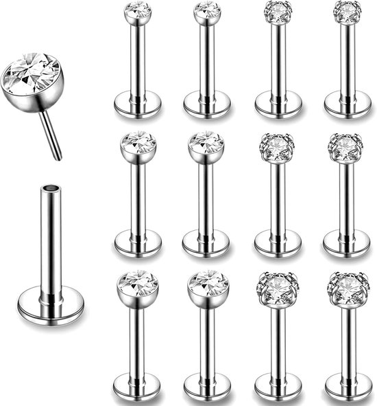 16G Pushin Lip Rings, roestvrij staal Medusa Piercing Sieraden, 2mm 3mm 4mm CZ Forward Helix Earring, Labret Monroe Piercing Sieraden voor Vrouwen Mannen, Roestvrij staal, Zirkonia