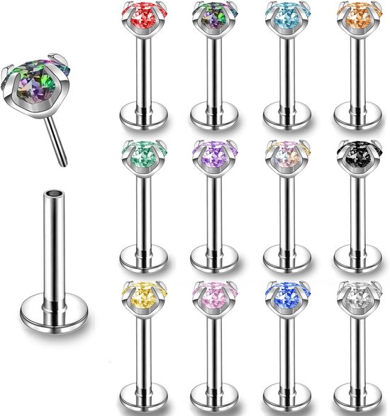 16G Rvs Pushin Lip Rings, Kleurrijke CZ Forward Helix Oorbel, Lengte 6/8/10mm Labret Monroe Medusa Piercing Sieraden voor Vrouwen Mannen, Roestvrij staal Kristal, Kubieke zirkonia