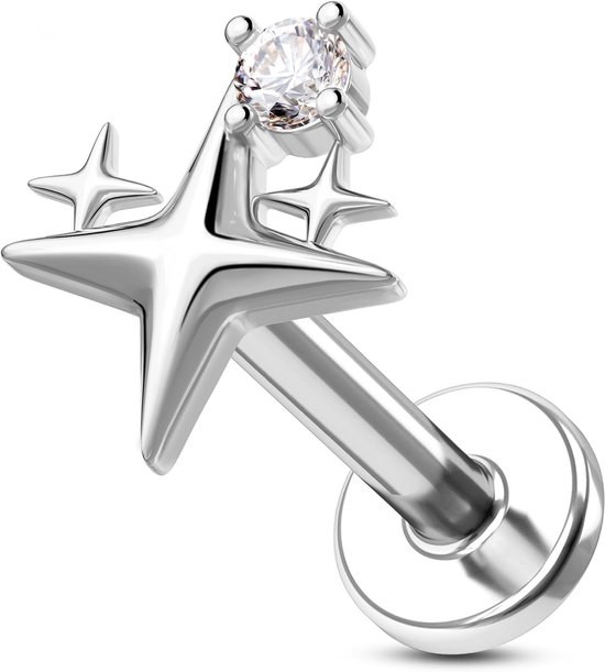 16G Star Labret Stud 316L chirurgisch staal platte achterkant oorbel CZ helix kraakbeen oorbel intern schroefdraad tragus piercing sieraden voor vrouwen mannen