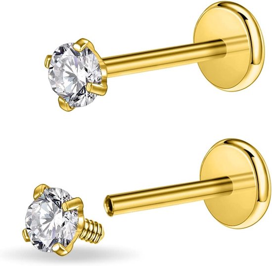 16g/18g Chirurgisch Staal Interne Draad CZ Stud Piercing Sieraden voor Tragus/Neus/Helix/Conch/Medusa/Lip/Labret - Helix Tragus Kraakbeen Oorbel voor Vrouwen Mannen 2 STKS