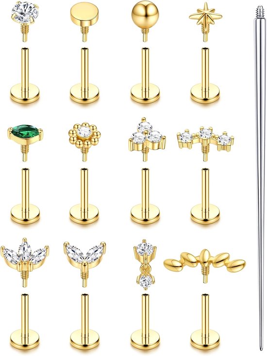 16G/18G Piercing Tragus Chirurgisch Staal Hypoallergeen Helix Oreile Conch Tragus Goud/Zilver Piercings Labret Lip Neus 6/8MM Voor Vrouwen Mannen
