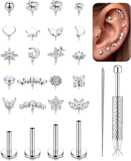 16G/18G Tragus Piercing Sieraden Goud Zilver Chirurgisch Staal Intern Schroefdraad Platte Achterkant Oorbellen Kubieke Zirkonia Lip Bar Neus Stud Kraakbeen Labret Conch Helix Piercing Sieraden