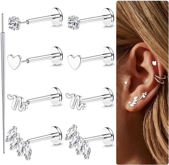 16G/18G/20G chirurgisch staal Tragus piercing sieraden Labret piercing sieraden Draadloze Push in neus Studs Tragus oorbellen Flat Back Tragus Stud Lip Medusa Helix piercing sieraden 6/7/8MM