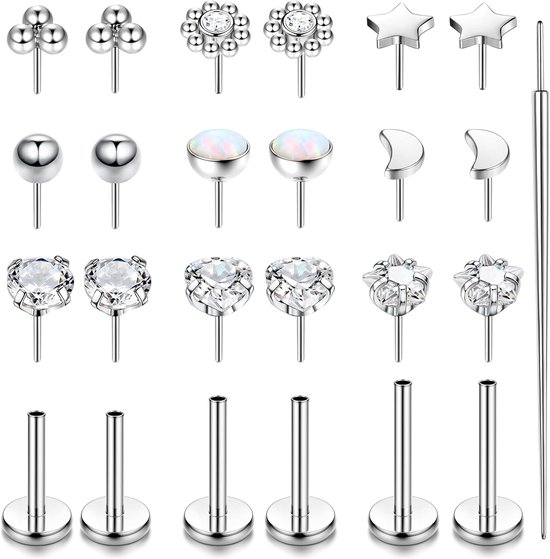 16G/18G/20G Labret Piercing Sieraden Chirurgisch Staal Interne Schroefdraad Tragus Stud CZ Oorbellen met Platte Achterkant Lip Bar Tragus Helix Neuspiercing 6/8/10 mm