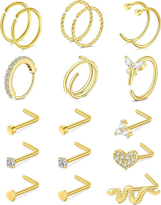 18 STKS 316L Chirurgisch Stalen Neus Ring Studs 20G 8mm 7mm Zilver Goud L-Vorm Neus Schroef Neus Hoop Ringen Voor Vrouwen Meisjes Rvs Neusgat Piercing Sieraden