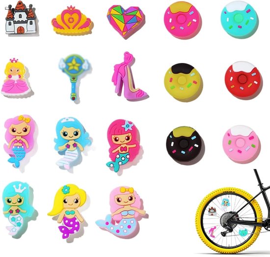 18 stuks fiets spaakdecoratie cartoon fiets spaakkralen donuts zeemeerminnen plastic clip wiel spaken decoraties voor fiets wiel styling accessoires om kleur toe te voegen aan fietsen wielen