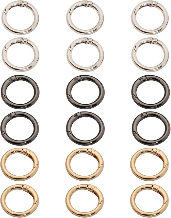 18 stuks karabijnhaken voor tassen, 25 mm, ronde veerringen van metaal, accessoires voor haaktassen en sleutelhangers, 3 elegante kleuren (goud, zilver, zwart geweerbuis)