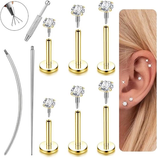 18G/16G Helix piercing chirurgisch staal goud/zilver intern schroefdraad Tragus Conch Labret piercing hypoallergeen kraakbeen oorbellen neus stud oor piercings voor vrouwen en mannen