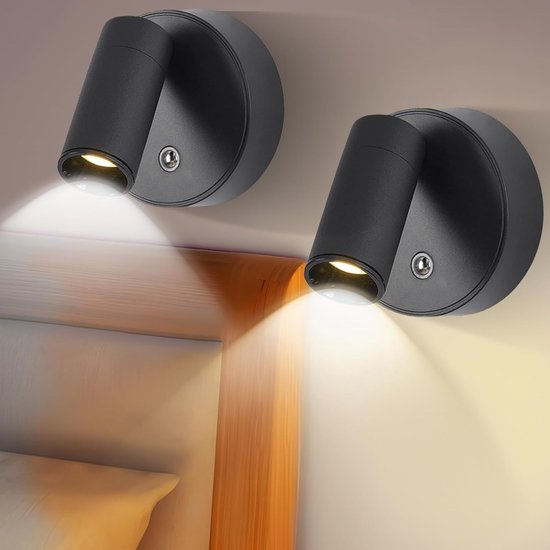 2-delige LED-leeslamp met aanraakbediening, draadloze wandlamp met USB-oplaadfunctie, LED-wandlamp, dimmen met aanraking, 3 kleurmodi (zwart) voor lezen in de slaapkamer en woonkamer. van Merkloos