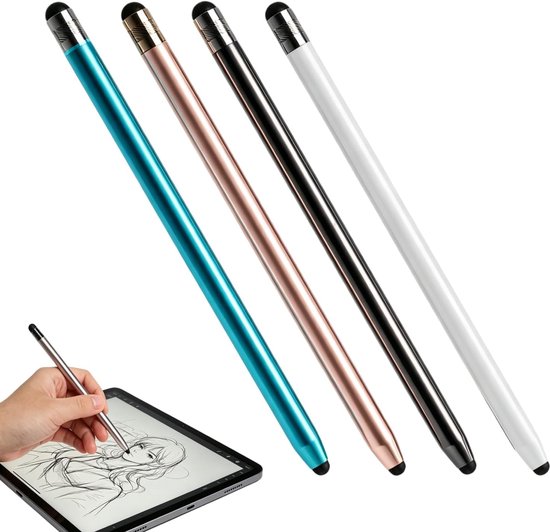 2-in-1, 4 stuks, universele capacitieve stylus voor touchscreen, voor iPad, Samsung Galaxy, smartphones, tablets met 8 reserveopzetstukken (wit, zwart, roze, blauw)