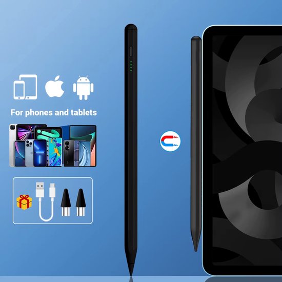 2-in-1 Active Stylus Pen - Touchscreen Pen - Stylus Pen Tablet - Pencil - Voor Tablet, Smartphone en iPad - Universele Actieve Stylus Pen met USB-C Poort - Palmrejectie - Magnetisch - Geschikt Voor o.a. Tekenen - Pencil- Teken pen - Zwart van Merkloos
