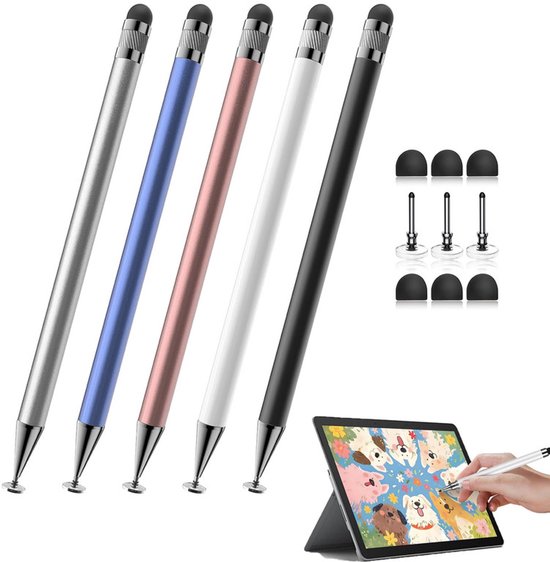 2-in-1 Stylus pen universeel - 5 Stuks - Geen opladen nodig - Hoge gevoeligheid - Universeel Styluspennen - Touchscreen Pen - Styluspennen - Compatibel met Smartphone, Tablet, Laptop - Zwart+Blauw+Wit+Goud+Zilver