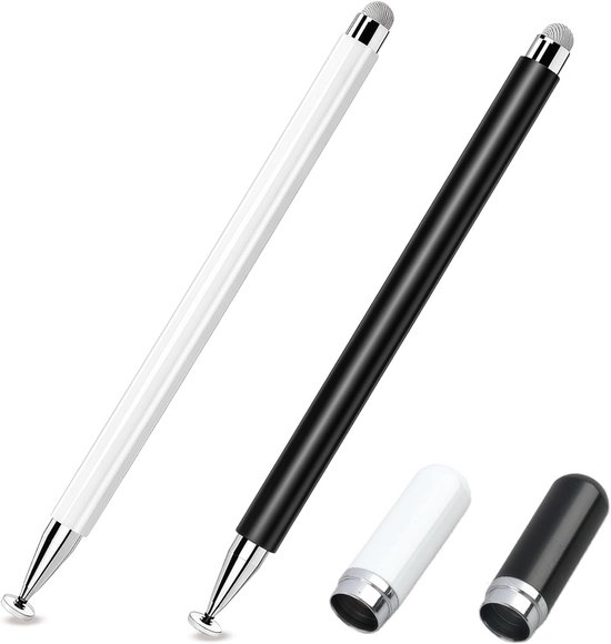 2-in-1 stylus voor tablet en smartphone, universele capacitieve pen met magneet en 2 punten (vezel + schijf), touchscreen-pen zonder Bluetooth voor alle telefoons en tablets, zwart