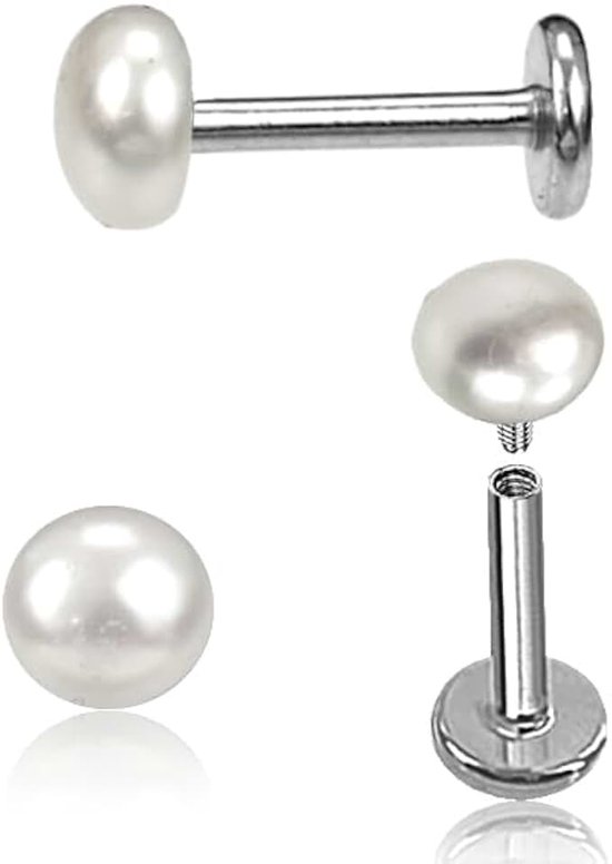 2 labrets parelpiercings, 5 mm, tragus, helix, korte staaf 6 mm, standaarddikte 1,2 mm, Zilver