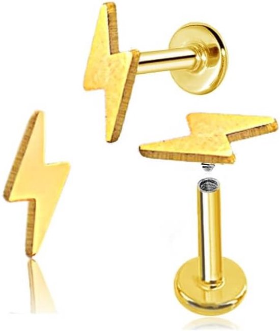 2 labrets voor tragus, 7 mm, goudkleurig, korte staaf 6 mm en standaarddikte 1,2 mm, hoogglans gepolijst