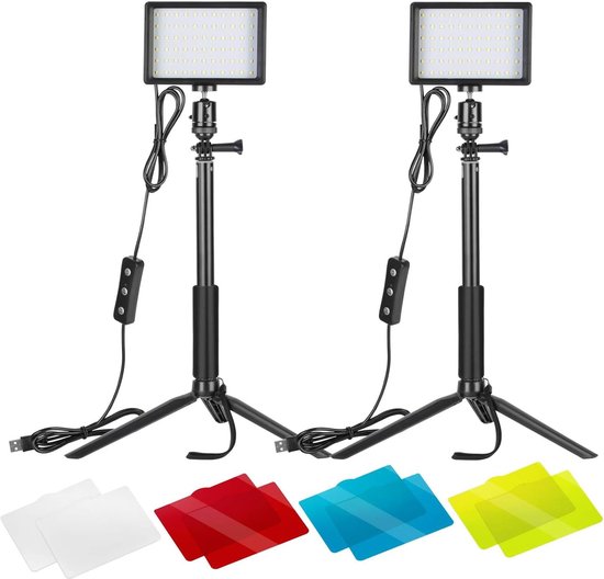 2-pack dimbare USB 5600k LED-videolampen, uitgerust met een verstelbaar statief en kleurfilters, geschikt voor desktop-/laaghoekopnamen, zoom-/videoconferentieverlichting. van Merkloos