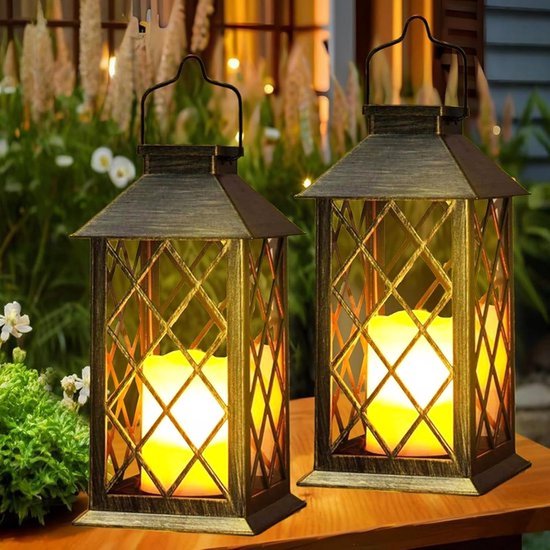 2 st. Grote zonnelantaarn voor buiten, met kaars - Waterdichte tafellamp, hanglamp, buitenzonnelamp voor balkon, tuin en terrasdecoratie - Brons LED-verlichting voor huisdecoratie