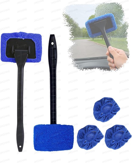 2 stuks 180° draaibare kop microvezel auto-reinigingsgereedschap | 2 lange handgrepen en 5 herbruikbare doeken | voor autoruiten, doucheglas en huishoudelijke raamreiniger | Nat en droog