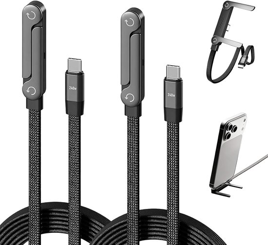 2 stuks 2-in-1 snellaadkabel met standaard: 240 W oplaadkabel usb c