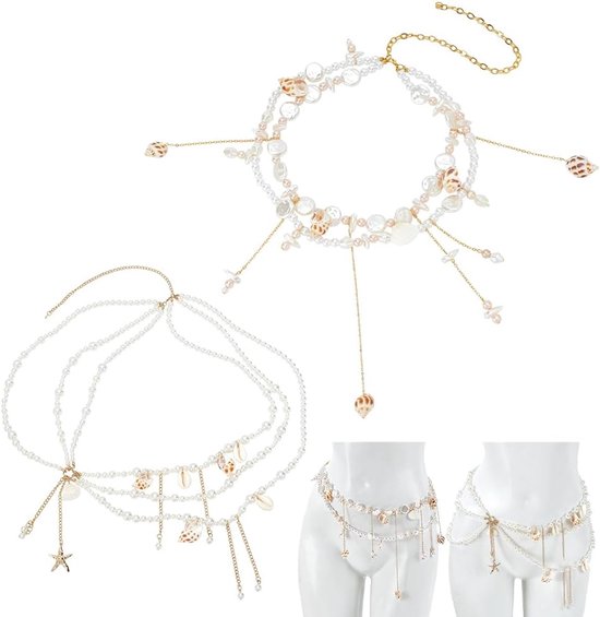 2 stuks 2 stijlen schelp hanger taille ketting heup- en buikketting met witte parels lichaamssieraad met meerdere rijen kralen voor dames