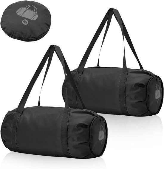 2 stuks 48,3 x 28,9 cm opvouwbare reistassen, 25 liter waterdichte sporttas voor dames en heren, handtasje, weekendtas voor fitness, camping, gym, weekendpakket, overnachtingspakket, Zwart
