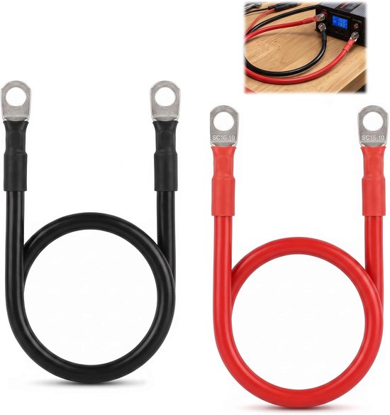 2 stuks accu-omvormerkabels met kabelschoenen van vertind koper, 16 mm², startkabel voor auto, startkabel, motorfiets, geïsoleerd van pvc voor vrachtwagens, auto's, motorfietsen, boten