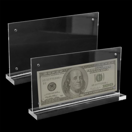 2 stuks acryl bankbiljetten display bill frame helder Euro fotohouder ticket protector stempel verzamelaccessoires voor thuis kantoor (10 x 20 cm)