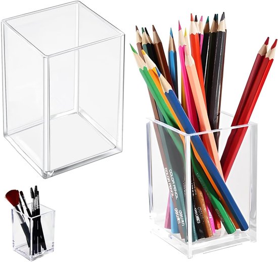 2 Stuks Acryl Pennenhouders Bureau, Potloodhouder, Make-upkwastenhouder, Vierkante Pennenbekerhouder voor Kantoor School (7 x 7 x 10,3 cm)
