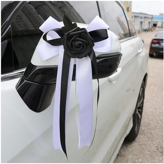 2 stuks autostrikken met zijden bloemen, bruiloftsstrikken, satijnen lint, bruiloft, autosieraden, bruiloftsauto, strikken, bruiloftsdecoratie voor bruidsauto, bruiloftsfeest, zwart/wit