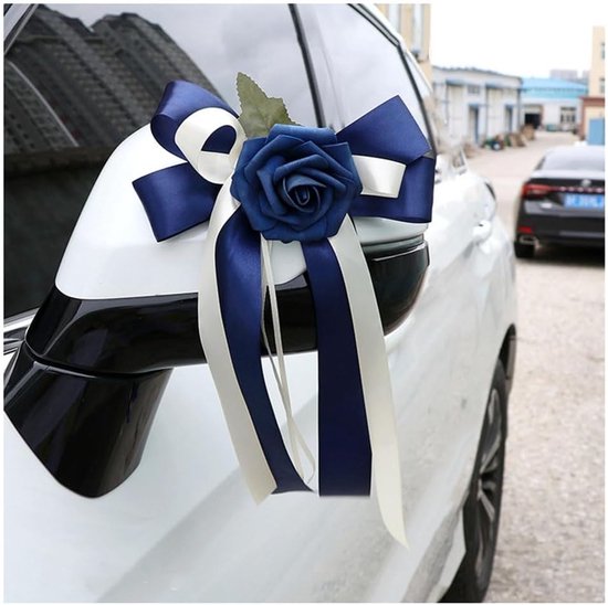 2 stuks autostrikken met zijden bloemen, bruiloftsstrikken, satijnen lint, bruiloft, autoversiering, bruiloftsauto, strik, bruiloftsdecoratie voor bruidsauto, bruiloftsfeest, blauw en wit