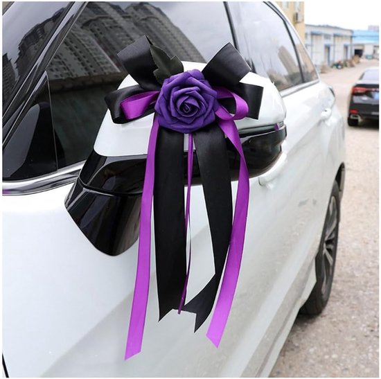 2 stuks autostrikken met zijden bloemen, bruiloftsstrikken, satijnen lint, bruiloft, autoversiering, bruiloftsauto, strik, bruiloftsdecoratie voor bruidsauto, bruiloftsfeest, paars zwart