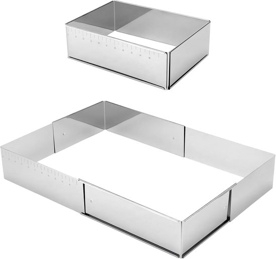 2 stuks bakframe, verstelbaar roestvrij staal, 8 cm hoog, rechthoekig met schaal, taartframe, vierkant, verstelbaar om te bakken, 25 x 18 cm, uitbreidbaar tot 47 x 34 cm