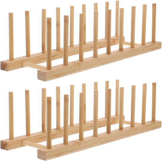2 Stuks Bamboe Plaatrek met Vakken Verticaal Droogrek voor Borden Potdeksels Snijplanken Ruimtebesparende Keukenorganizer voor Efficiënt Drogen Opbergen