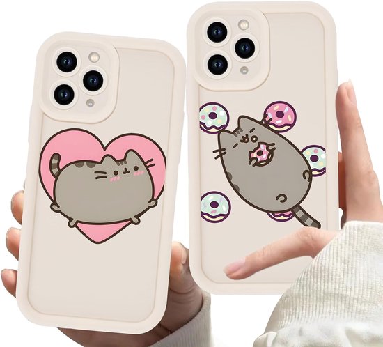 2 stuks beschermhoesjes voor Apple iPhone 16 6,1 inch, cartoon Pusheen kat, schattig kattenpatroon, meisjes, dames, siliconen, schokbestendig, TPU-beschermhoes, bumper, beschermhoes, wit