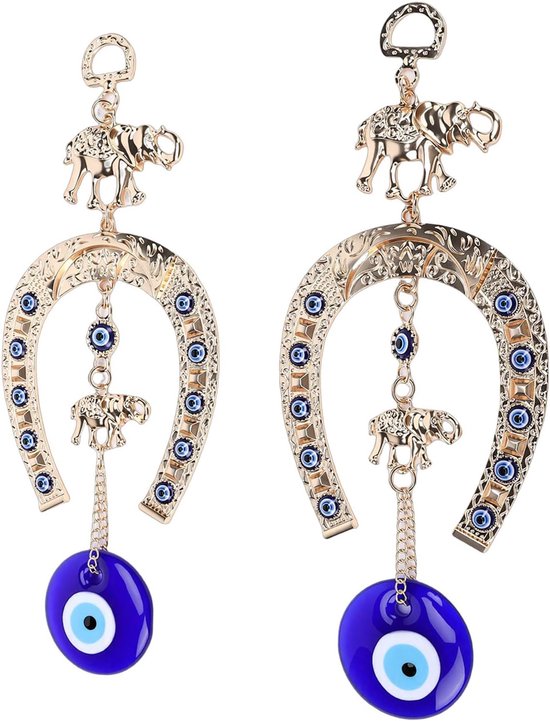2 Stuks Blauw Oog Charme Hangend Ornament met Olifant Hoefijzerontwerp, Perfect voor Thuis Muur Raam Tuin Kantoor Decor, Blauwe Boze Oog Muur Hangende Hanger & Gouden Hoefijzer
