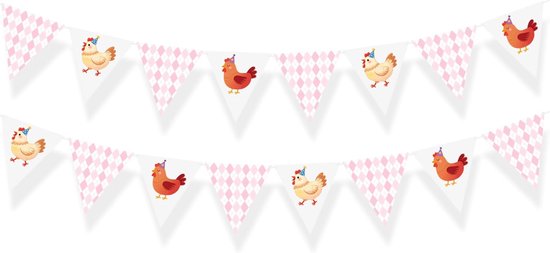 2 Stuks Boerderij Kip Verjaardag Feestdecoratie Geruit Driehoekige Vlaggen, Kippen Thema Feest Banners voor Boerderijdieren Vieringen, Set met Schattige Kuiken Patronen voor Taarttafel & Wandhanging