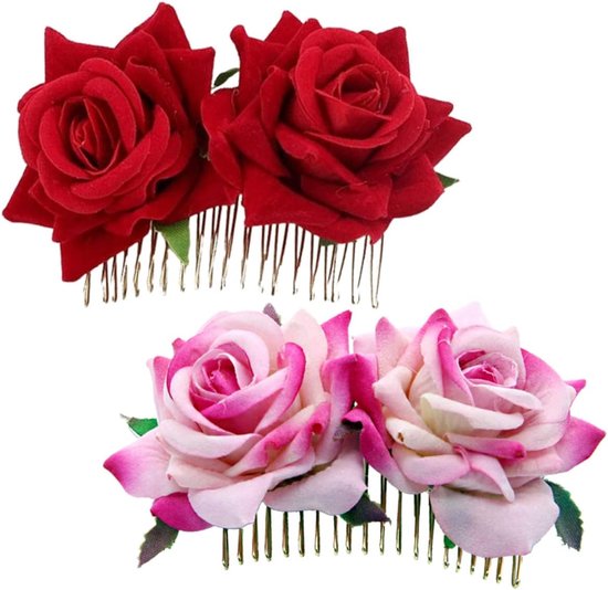 2 Stuks Bruids Haarkammen met Stoffen Rozenbloemen Haaraccessoires voor Bruiloften voor Diverse Haarstijlen Feesten