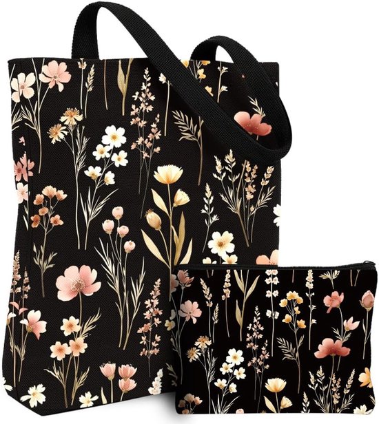 2 stuks canvas draagtas voor dames met make-uptas, skelet, zon en maan, wilde bloemen, herbruikbare boodschappentas, esthetische boodschappentas voor sportschool