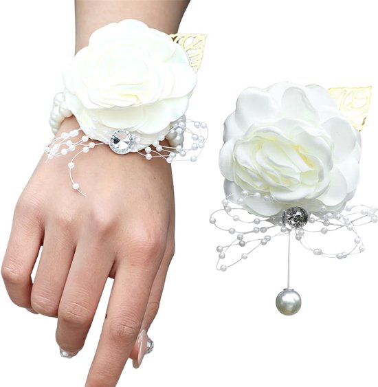 2 stuks Corsage Rose Pols Bloem met Strass en Parel Hand Bloem Zijde Roos Set voor Bruiloft en Prom Decor Party Homecoming Pak voor Mannen Vrouwen Bruids Bruidsmeisje Bruidegom (Wit)